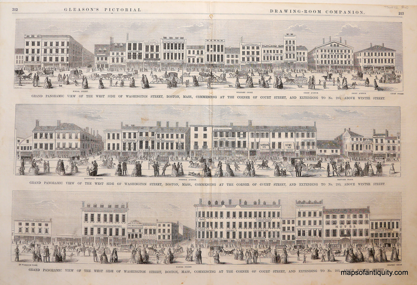 Antique-Black-&-White-Illustration-Panorama-of-West-Side-of-Washington-Street-Boston-**********-Massachusetts-Boston-c.-1853-Gleason's-Maps-Of-Antiquity