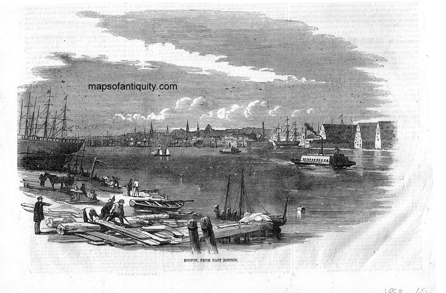 Antique-Black-&-White-Illustration-Boston-from-East-Boston-******-Towns-and-Cities-Boston-1858-Illustrated-London-News-Maps-Of-Antiquity