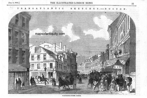 Antique-Black-&-White-Illustration-Washington-Street-Boston-Towns-and-Cities-Boston-1858-Illustrated-London-News-Maps-Of-Antiquity