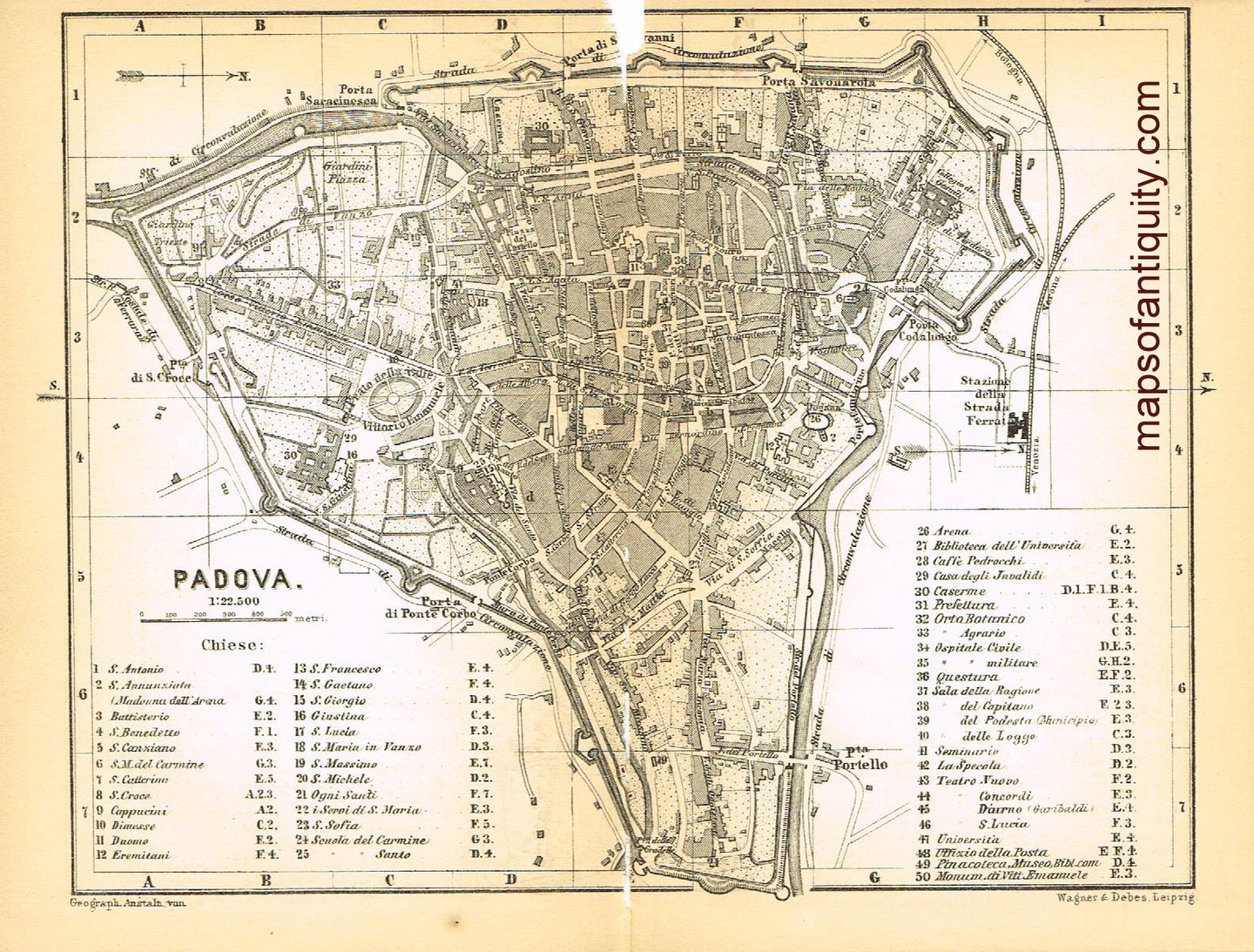 Printed-Black-and-White-Antique-Map-Padova-Italy-Europe-Italy-1886-Baedeker-Maps-Of-Antiquity