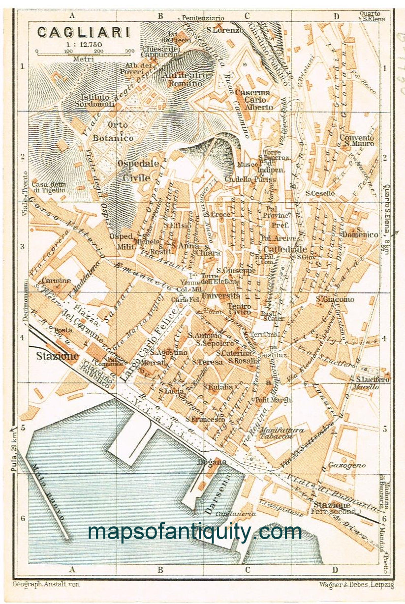 Printed-Color-Antique-Map-Cagliari-Europe-Italy-1886-Baedeker-Maps-Of-Antiquity