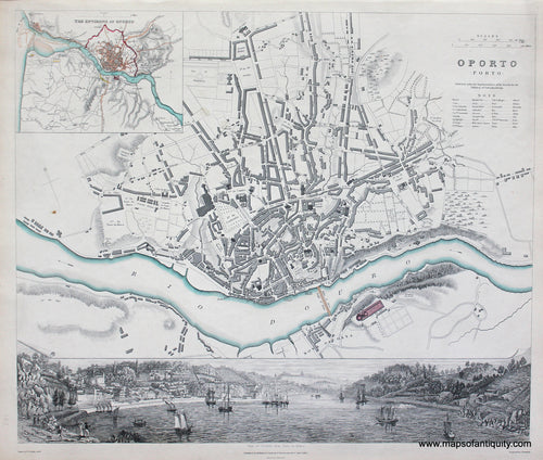 Antique-Hand-Colored-Map-Porto-or-Oporto-Portugal-********-Europe-Portugal-1833-SDUK-Maps-Of-Antiquity