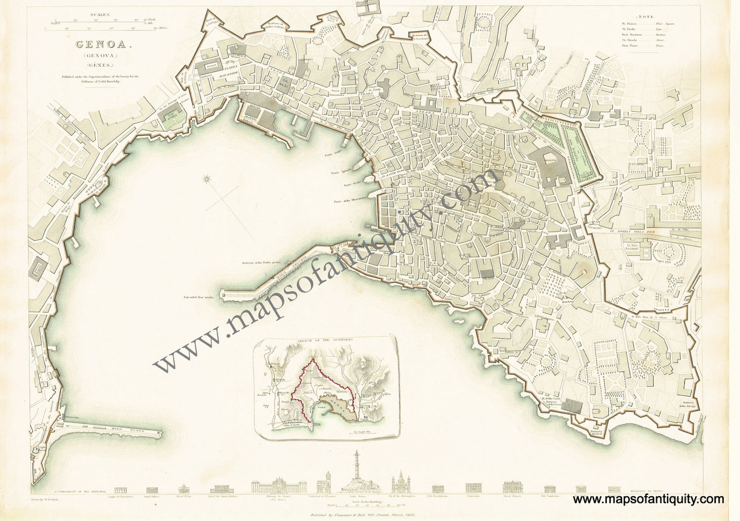 Antique-Hand-Colored-Map-Genoa.-(Genova.)-(Genes.)-Italy--1836-S.D.U.K.-Maps-Of-Antiquity