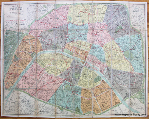 Antique-Printed-Color-Map-Plan-de-Paris-divisee-en-20-Arrondissments-******-Antique-Towns-&-City-Maps-and-Views-European-Cities-c.-1920-Guilman-Maps-Of-Antiquity