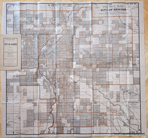 Antique-Pocket-Folding-Map-City-of-Denver-Colorado-Rollandet-Drafting-Blueprint-Company-Fifth-Edition-1899-1890s-1800s-Late-19th-Century-Maps-of-Antiquity