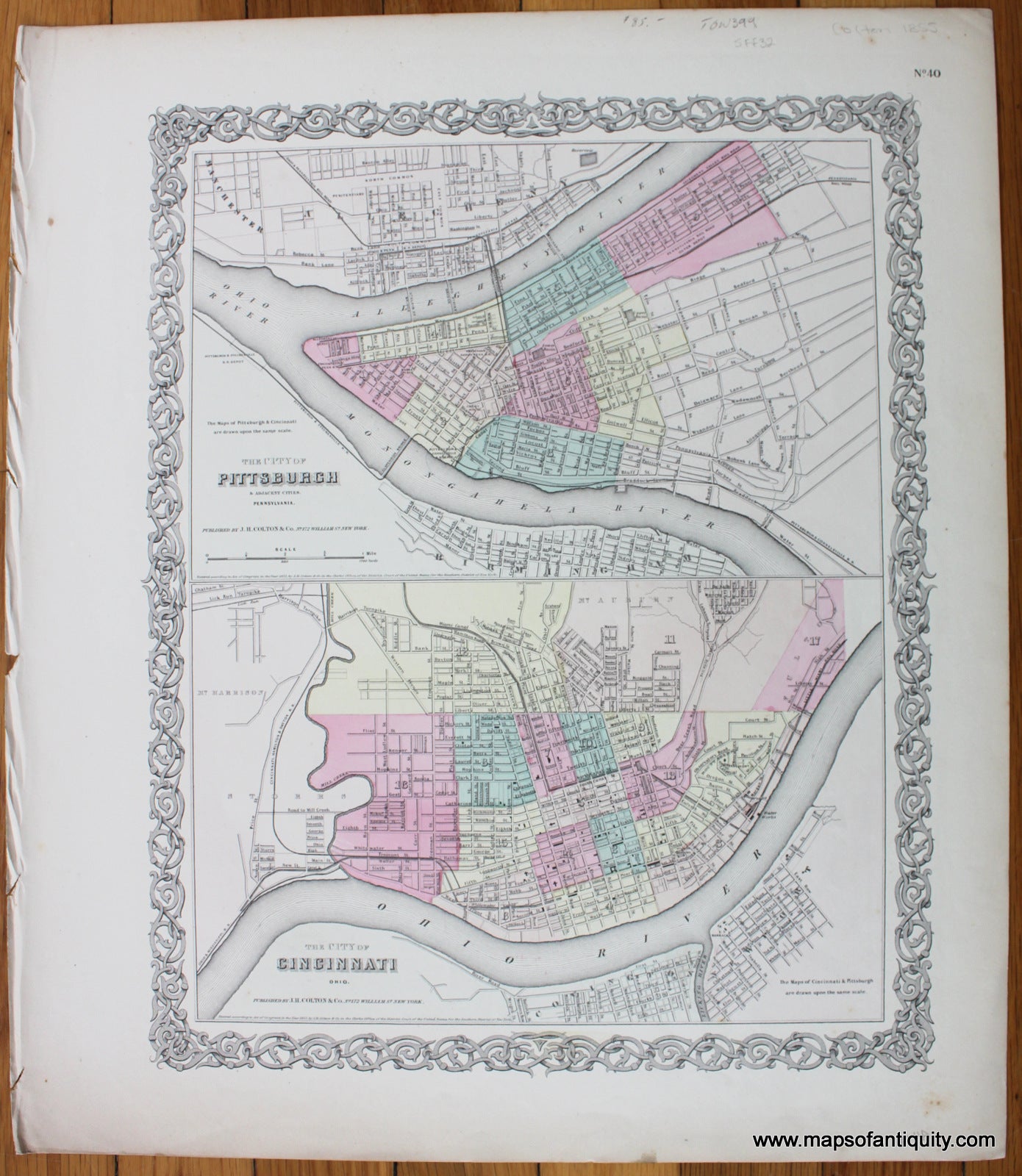 Antique-Hand-Colored-Map-The-City-of-Pittsburgh-&-Adjacent-Cities.-The-City-of-Cincinnati-Ohio.-Towns-and-Cities-Pittsburgh-c.-1855-Colton-Maps-Of-Antiquity