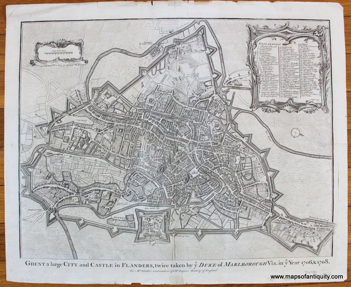 Antique-Black-and-White-Map-Ghent-A-Large-City-and-Castle-in-Flanders-Twice-Taken-by-ye-Duke-of-Marlborough-Viz.-in-ye-Year-1706-&-1708.-Early-Maps-Europe-Belgium-1785-Tindal/Rapin-Maps-Of-Antiquity