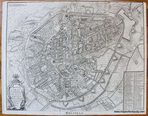 Antique-Black-and-White-Map-Brussels-A-Large-and-Beautiful-City-in-the-Dutchy-of-Brabant-Subject-to-the-Queen-of-Hungary-and-ye-Seat-of-Her-Chief-Governor-for-These-Parts.-Early-Maps-Europe-Belgium-1744-Tindal/Rapin-Maps-Of-Antiquity