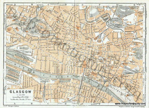 Antique-Printed-Color-Map-Glasgow-Europe-Scotland-Town-&-City-Views-1927-Baedeker-Maps-Of-Antiquity