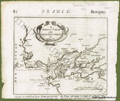 Antique-Black-and-White-Map-A-Chart-of-Ye-Road-and-Adjacent-Coasts-of-Brest-Europe-Town-&-City-Views-France-Other-European-Cities-c.-1690-Swale-&-Child-Maps-Of-Antiquity