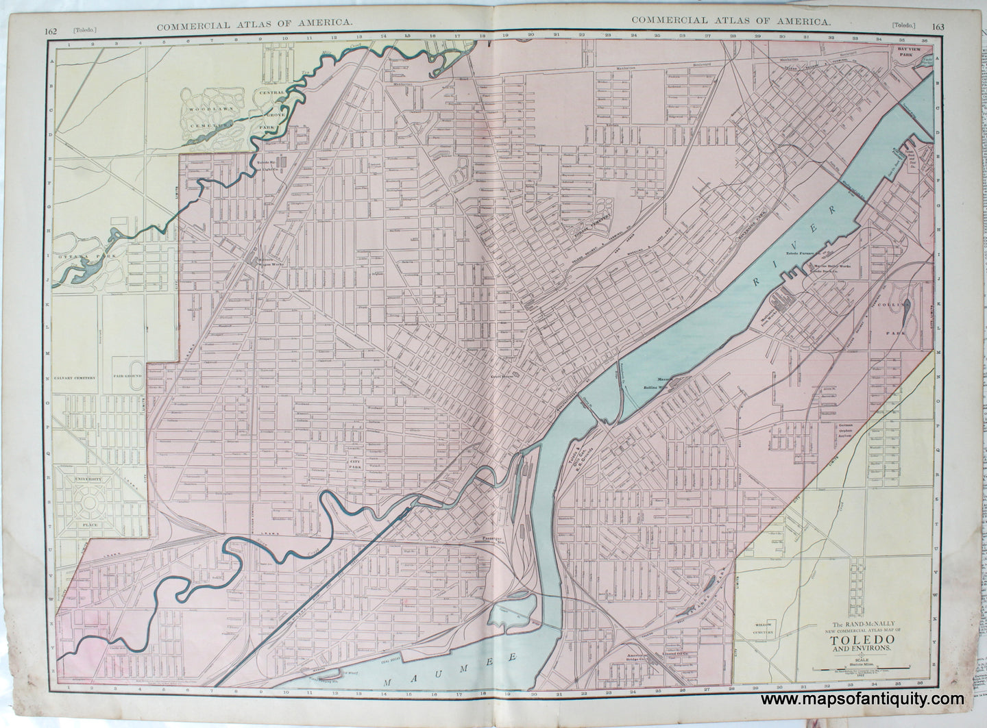 Antique-Map-of-Toledo-and-Environs-Ohio-City-Cities-Town-Towns-Rand-McNally-New-Commercial-Atlas-1912-1910s-1900s-Early-20th-Century-Maps-of-Antiquity