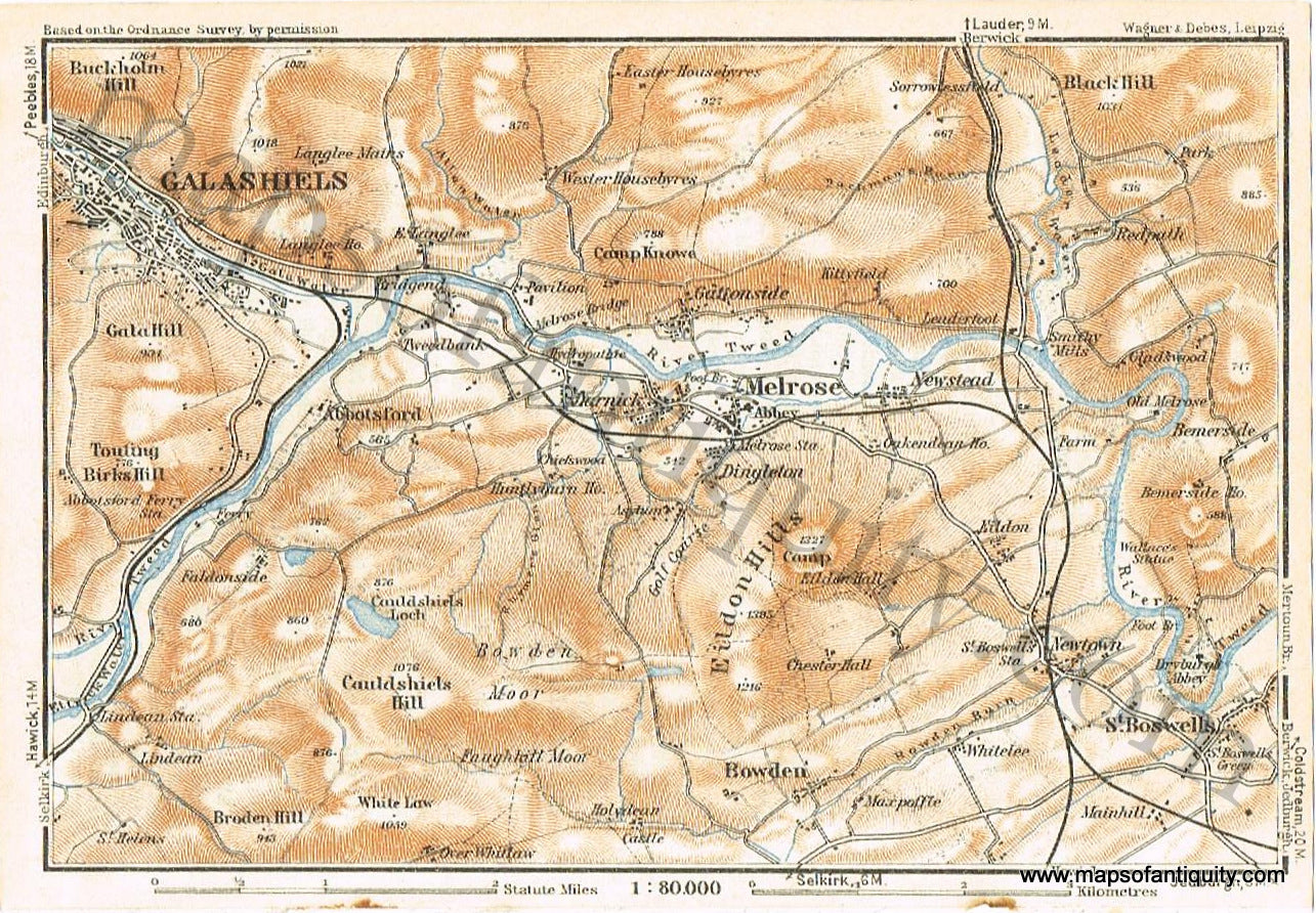 Antique-Map-City-Environs-of-Galashiels-Melrose-Bowden-St.-Boswells-Eildon-Hills-Cauldshiels-Hill-Scotland-Scottish-Baedeker-1927-1920s-1900s-Early-20th-Century-Maps-of-Antiquity