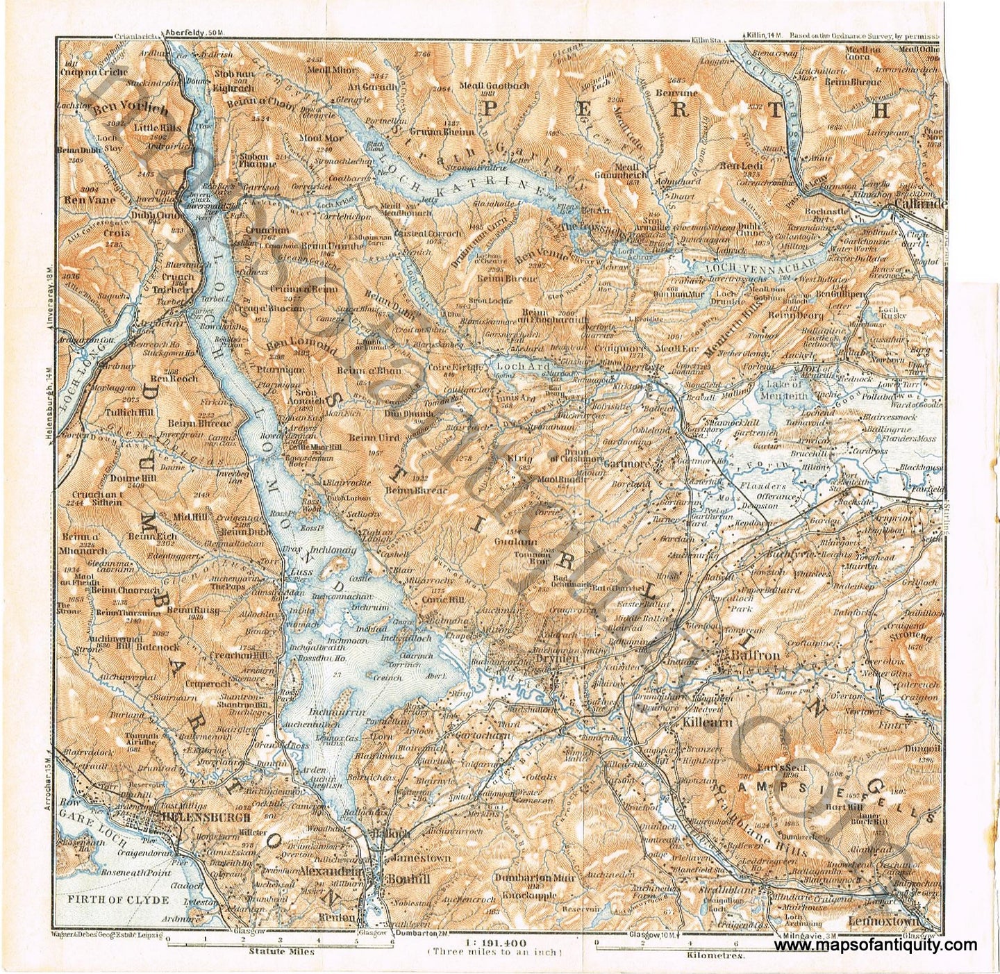 Antique-Map-City-Loch-Lomond-Trosachs-National-Park-Stirling-Dumbarton-Perth-Scotland-Scottish-Baedeker-1927-1920s-1900s-Early-20th-Century-Maps-of-Antiquity
