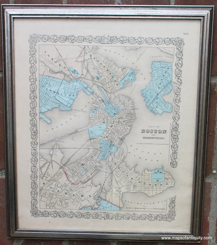 Framed-Genuine-Antique-Hand-Colored-Map-Map-of-Boston-and-Adjacent-Cities.--1855-Colton-Maps-Of-Antiquity