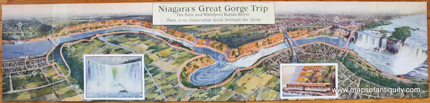 Antique-Map-Niagara-Falls-Canada-New-York-Trolley-Course-Pictorial-Bird's-Eye-View-Niagara's-Great-Gorge-Trip-The-Falls-and-Whirlpool-Rapids-Route-There-is-no-Automobile-Road-through-the-Gorge-1930-C.-L.-C.L.-Adams-1930s-1900s-Early-Mid-20th-Century-Maps-of-Antiquity