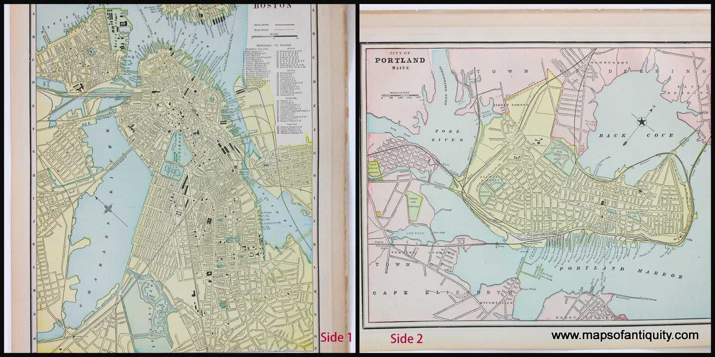 Antique-Map-Boston-Massachusetts-Mass-MA-City-of-Portland-Maine-Cities-Cram-1898-1890s-1800s-Late-19th-Century-Maps-of-Antiquity