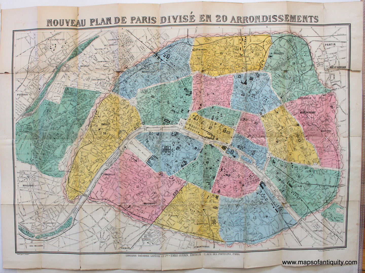 Antique-Map-Environs-Paris-Nouveau-Plan-Divise-20-arrondissements-Guerin-Lefevre-Falconer-1890s-1800s-19th-century-Maps-of-Antiquity