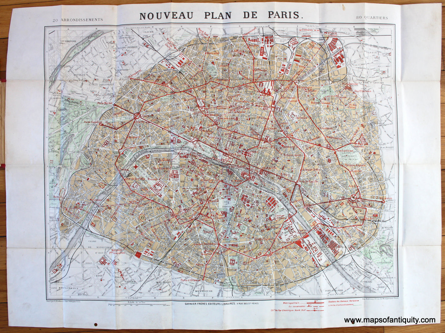 Antique-Map-Environs-Paris-Nouveau-Plan-Garnier-1920s-1900s-metro-travel-tourist-Maps-of-Antiquity