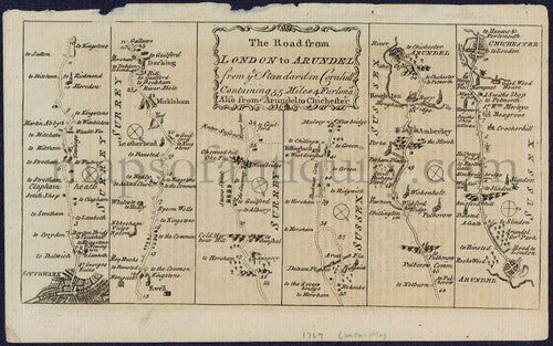 Antique-Early-Road-Map-England-from-London-to-Arundel-Standard-in-Cornhill-Chichester-London-Magazine-1767-1760s-Mid-Late-18th-Century-Maps-of-Antiquity