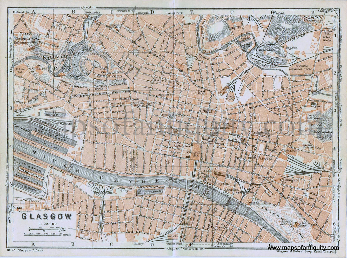 Antique-Maps-City-Glasgow-Scotland-Great-Britain-Baedeker-Maps-of-Antiquity