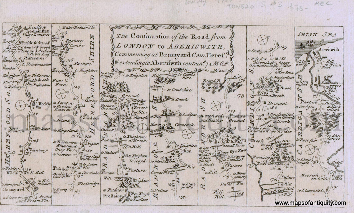 Antique-Black-and-White-Map-Part-of-The-Road-from-London-to-Aberistwith-commencing-at-Bramyard-Com.-Hereford-&-extending-to-Aberiswith-(Aberystwyth-Wales)-c.-1767-London-Magazine-England-1700s-18th-century-Maps-of-Antiquity