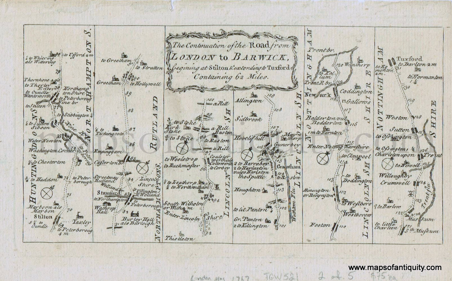 Antique-Black-and-White-Map-Part-of-The-Road-from-London-to-Barwick-beginning-at-Stilton-&-Extending-to-Tuxford-Containing-62-miles.-c.-1767-London-Magazine-England-1700s-18th-century-Maps-of-Antiquity