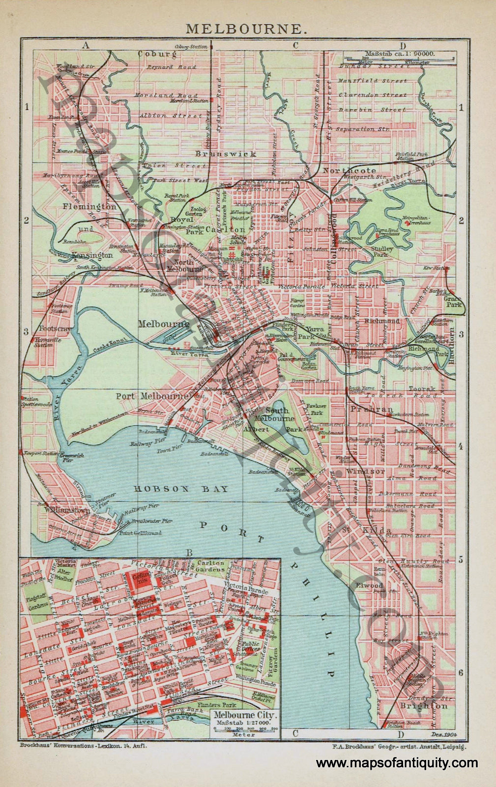 Antique-Printed-Color-Map-Melbourne-Australia-1904-Brockhaus-1800s-19th-century-Maps-of-Antiquity