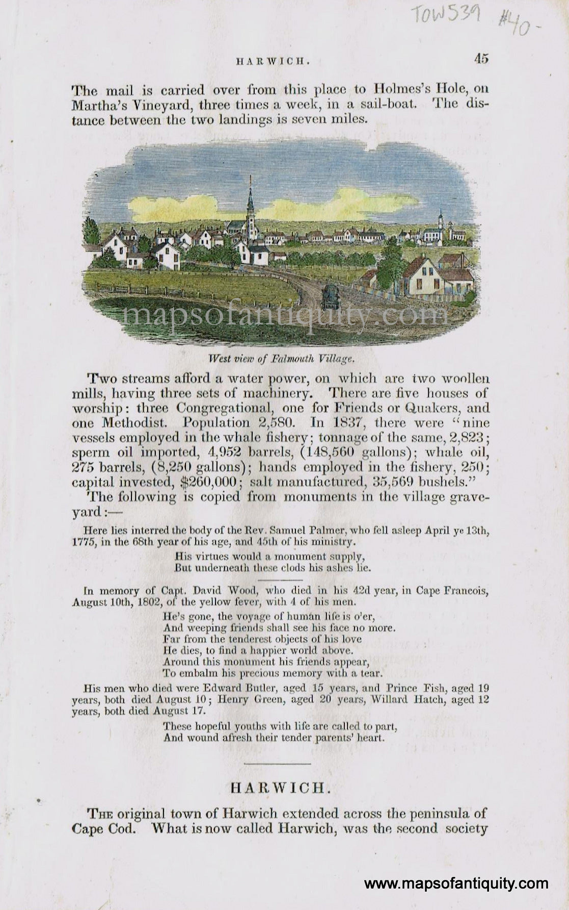 Hand-Colored-Antique-Print-West-View-of-Falmouth-Village-*?-Barber-Falmouth-1800s-19th-century-Maps-of-Antiquity