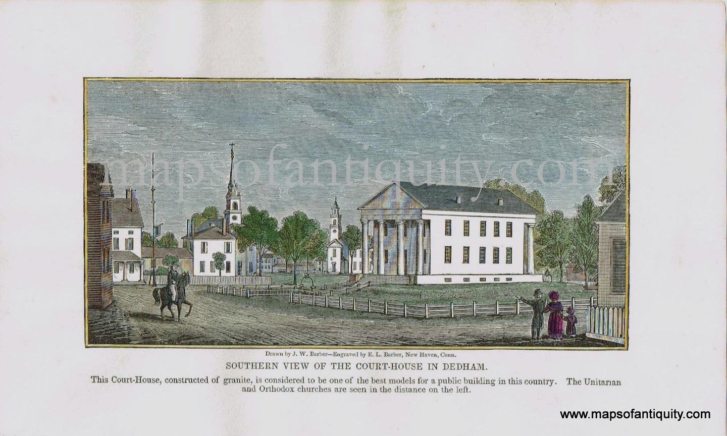 Hand-Colored-Antique-Illustration-Southern-View-of-the-Courth-House-in-Dedham-Courthouse-c.-1840-Barber-Dedham-1800s-19th-century-Maps-of-Antiquity