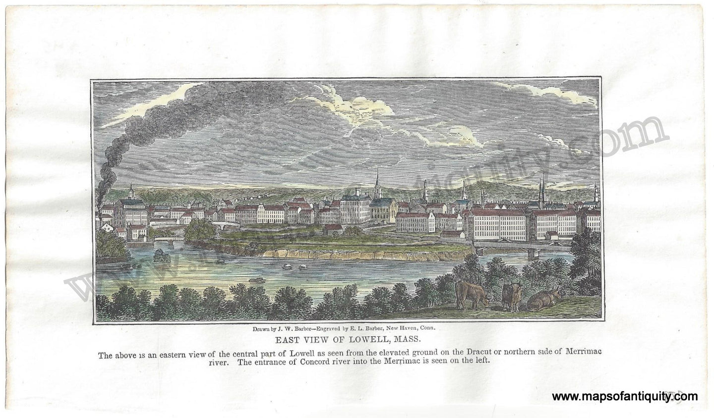 Hand-Colored-Antique-Illustration-East-View-of-Lowell-Mass.-c.-1840-Barber-Lowell-1800s-19th-century-Maps-of-Antiquity