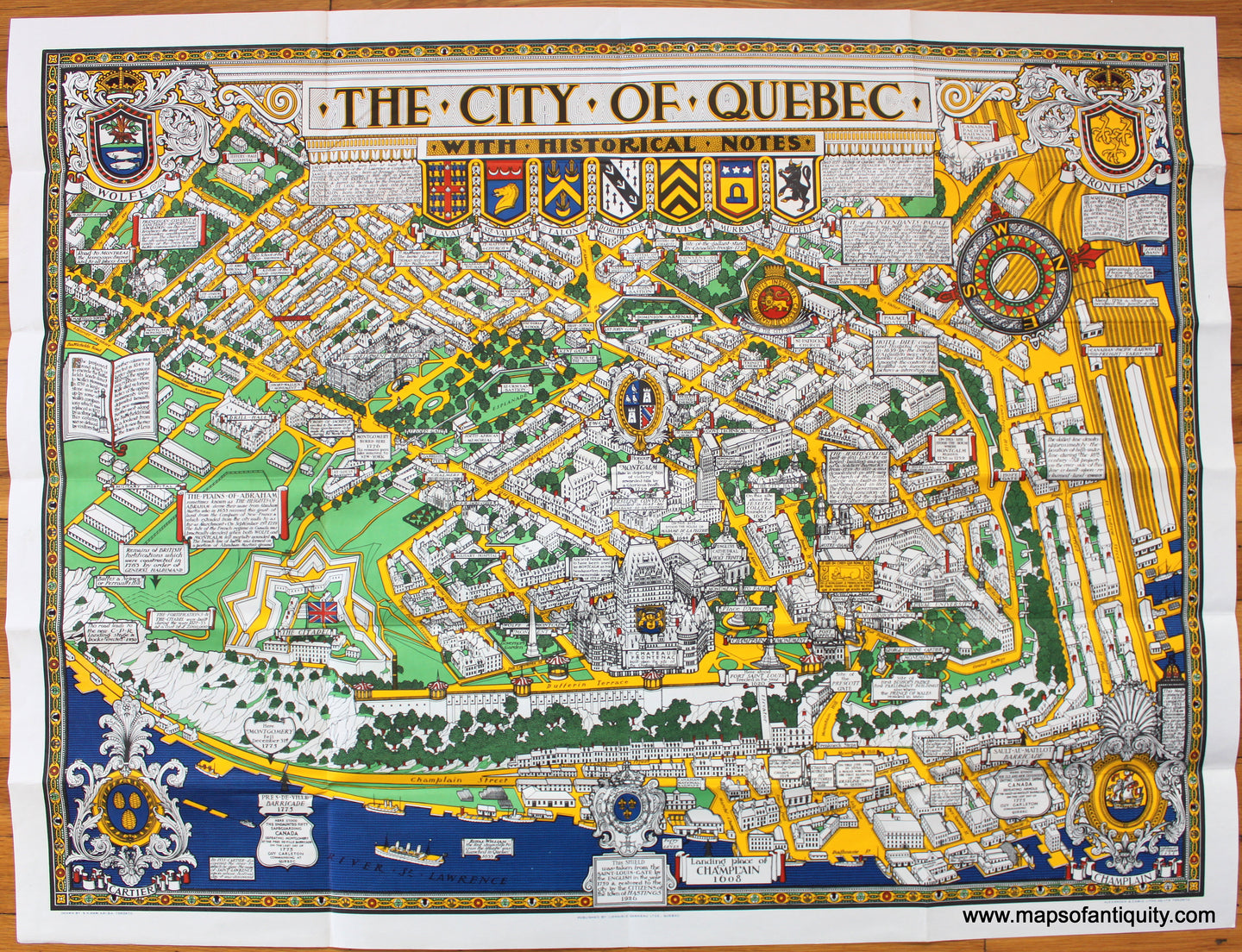 Antique-Printed-Color-Pictorial-Map-Map-of-the-City-of-Quebec-with-Historical-Notes-1932-S.H.-Maw-Librairie-Garneau-Ltee-Canada-1930s-1900s-20th-century-Maps-of-Antiquity