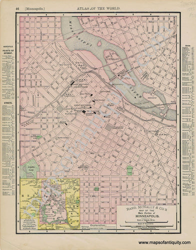 Antique-Printed-Color-Map-Map-of-the-Main-Portion-of-Minneapolis-Verso:-Map-of-the-Main-Portion-of-St.-Paul-1895-Rand-McNally-Mid-West-Minnesota-1800s-19th-century-Maps-of-Antiquity