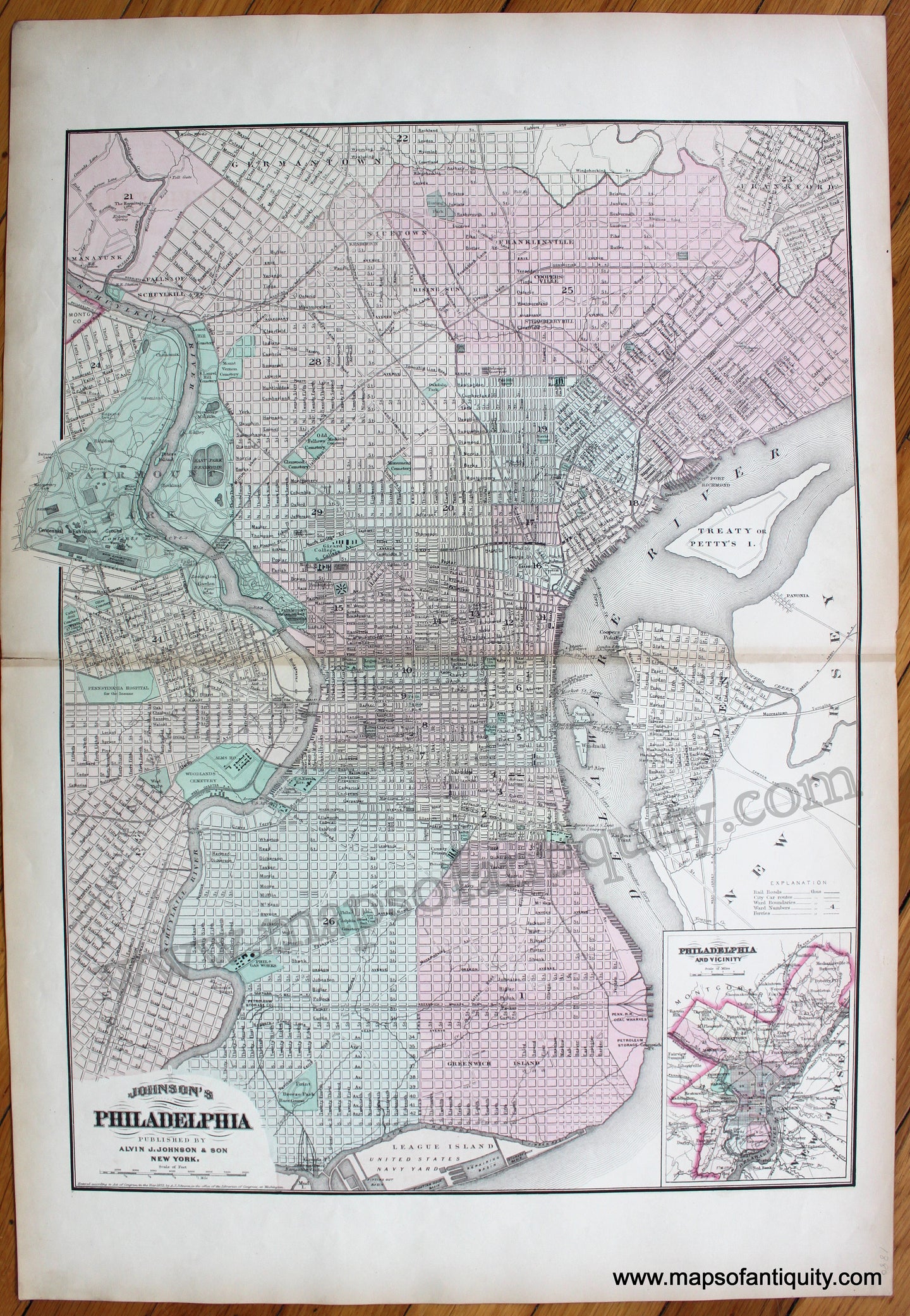 Antique-Hand-Colored-Map-Johnson's-Philadelphia-1880-Alvin-J.-Johnson-&-Son-Mid-Atlantic-1800s-19th-century-Maps-of-Antiquity