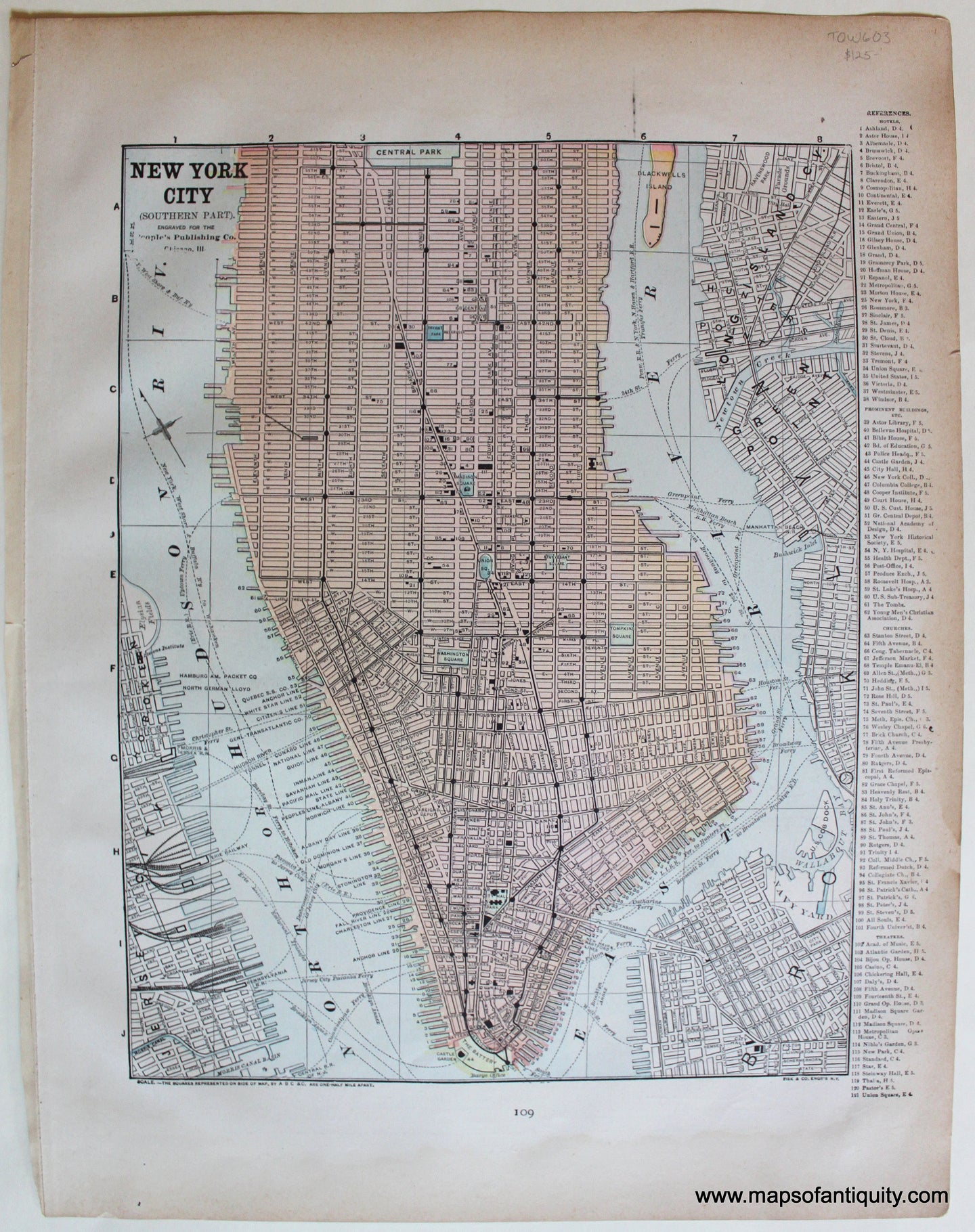 Antique-Printed-Color-Map-New-York-City-(Southern-Part)-Verso:-Brooklyn-c.-1890-People's-Publishing-Co.-New-York-City-1800s-19th-century-Maps-of-Antiquity