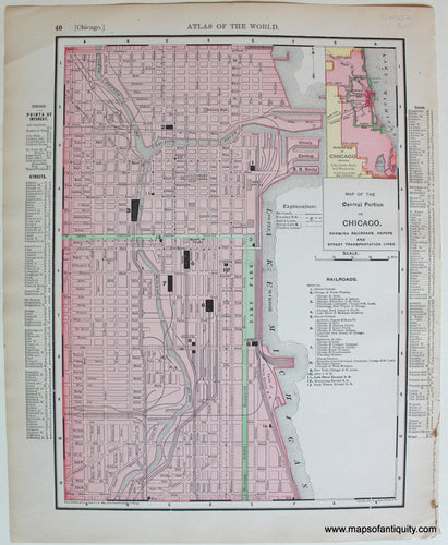 Antique-Printed-Color-Map-Map-of-the-Central-Portion-of-Chicago-verso:-Illinois-1895-Rand-McNally-1800s-19th-century-Maps-of-Antiquity