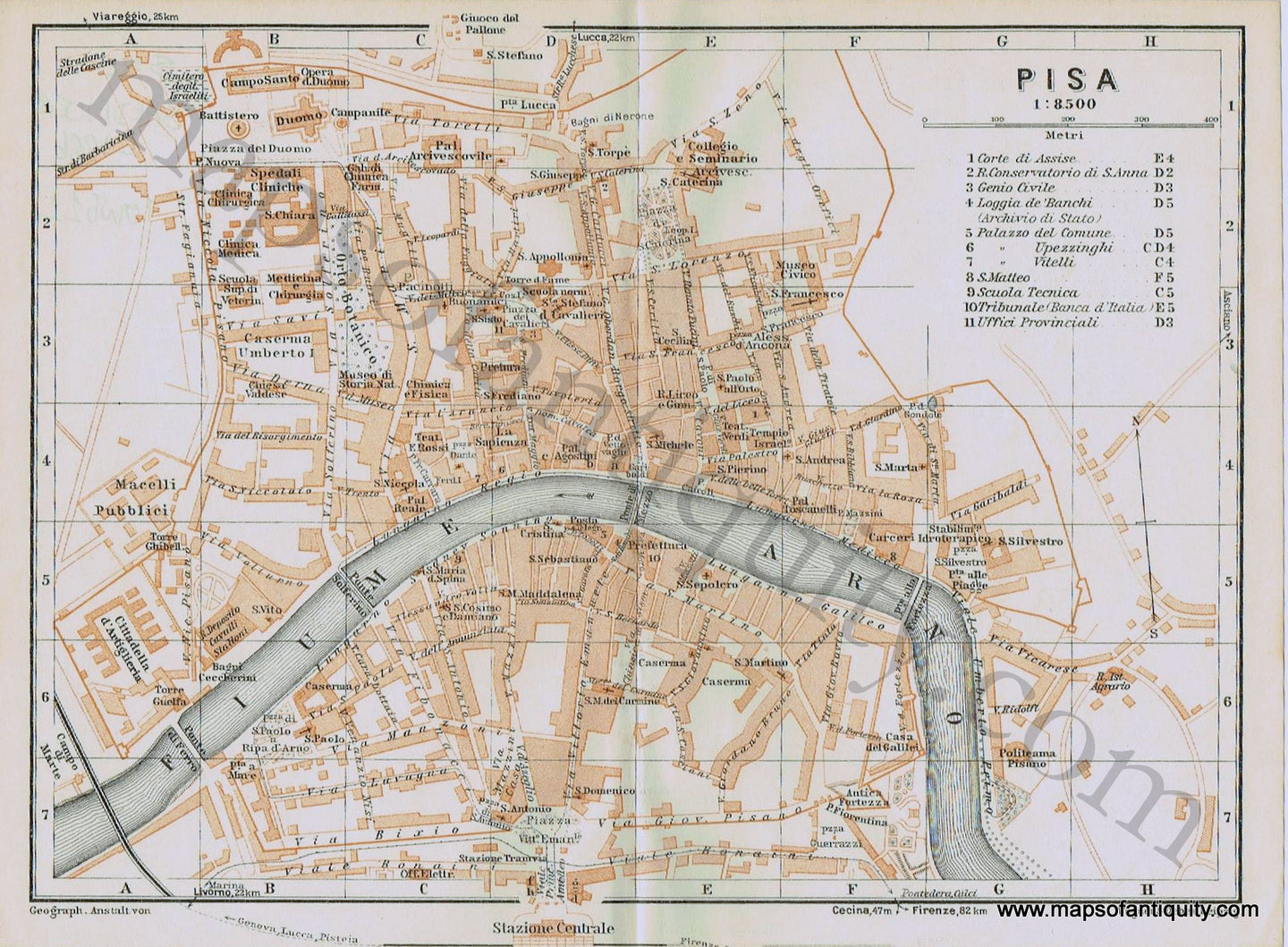 Antique-Printed-Color-Map-Pisa-c.-1886-Baedeker-Italy-1800s-19th-century-Maps-of-Antiquity