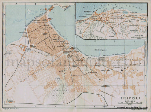 Antique-Printed-Color-Map-Tripoli-Libya-c.-1886-Baedeker-North-Africa-1800s-19th-century-Maps-of-Antiquity