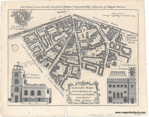 Black-and-White-Engraved-Antique-City-Plan-Aldgate-Ward-with-its-Divisions-into-Precints-and-Parishes-According-to-a-New-Survey-1766-London-Magazine-United-Kingdom-England-1700s-18th-century-Maps-of-Antiquity