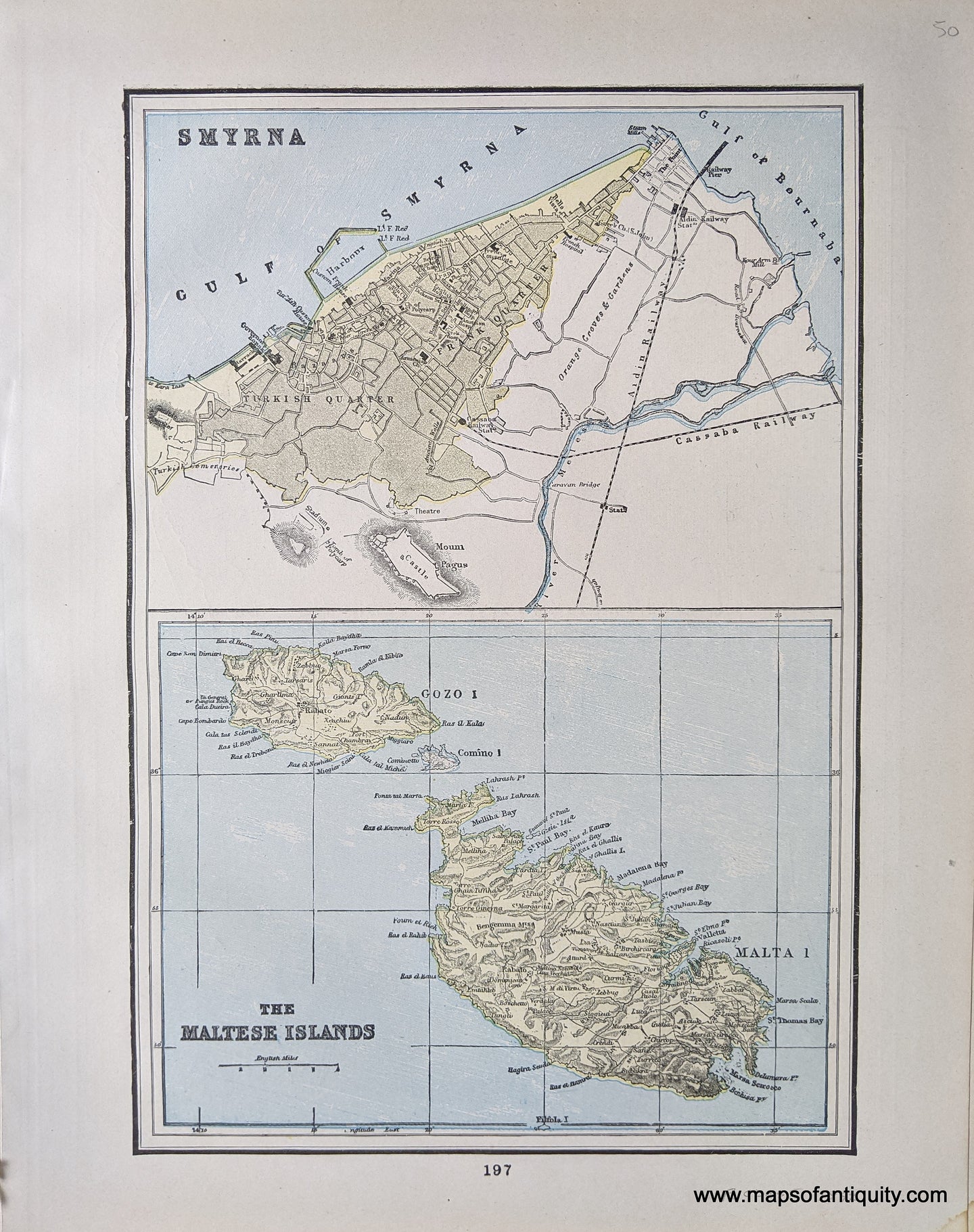 Genuine-Antique-Printed-Color-Comparative-Chart-Smyrna-and-the-Maltese-Islands;-verso:-Mexico-Towns-and-Cities--1892-Home-Library-&-Supply-Association-Maps-Of-Antiquity-1800s-19th-century