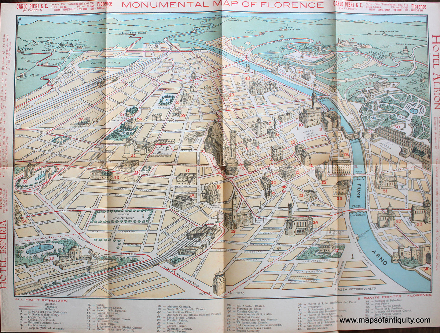 Genuine-Antique-Folding-Map-Monumental-Map-of-Florence-Towns-and-Cities-Other-European-Cities-1932-Davite-Maps-Of-Antiquity-1800s-19th-century