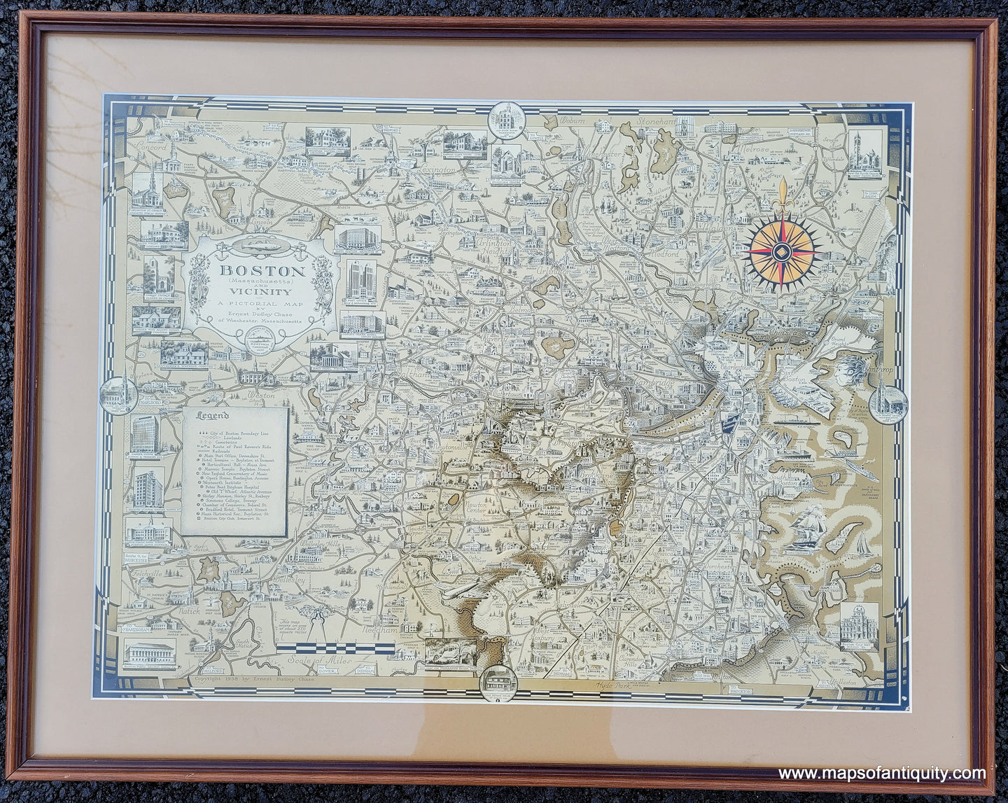 Framed-Antique-Pictorial-Map-Boston-(Massachusetts)-and-Vicinity-Massachusetts-Boston-1938-Ernest-Dudley-Chase-Maps-Of-Antiquity-20th-century