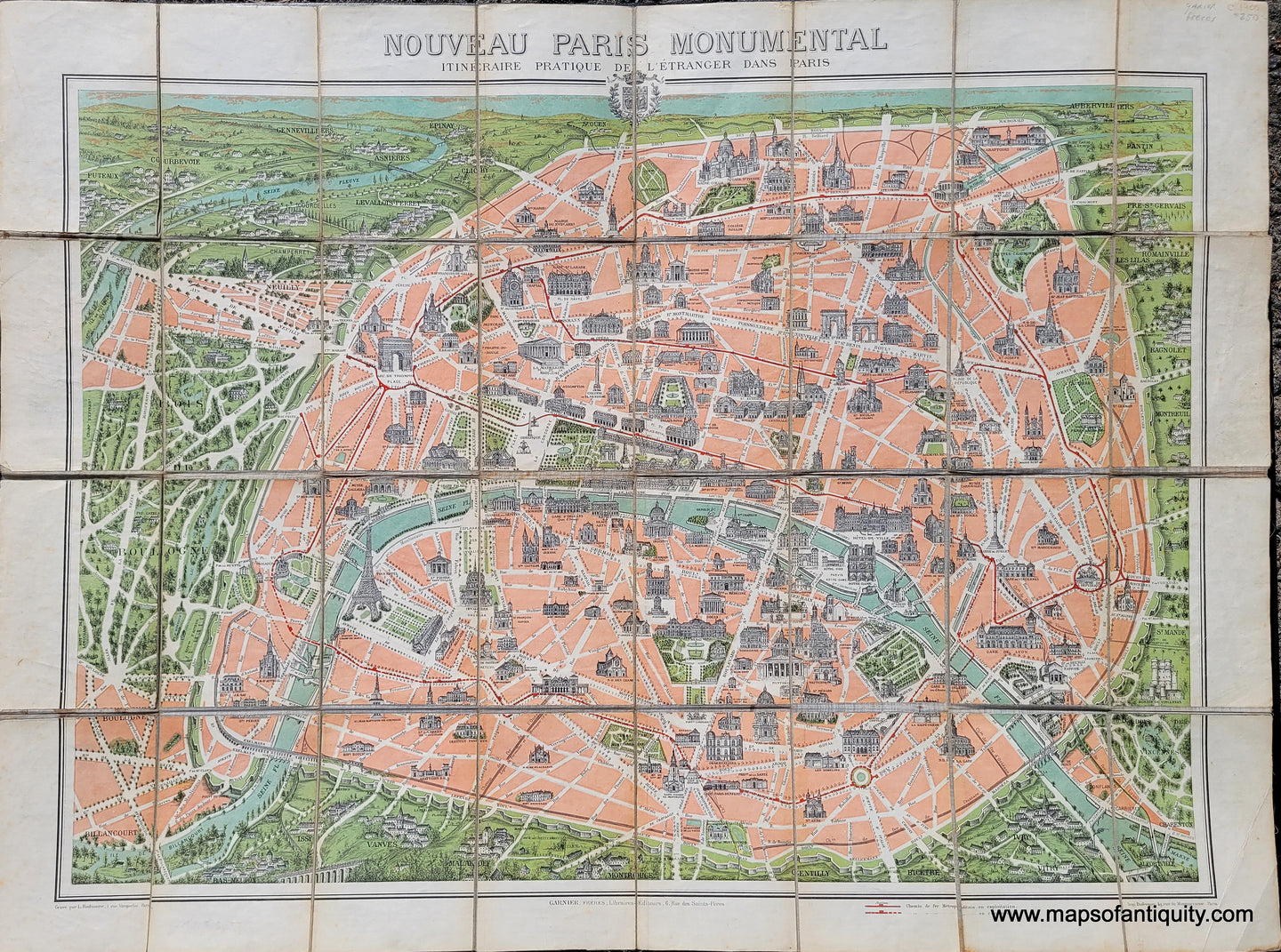Antique-Folding-Map-Nouveau-Paris-Monumental-Itineraire-Practique-de-L'Etranger-dans-Paris-1900-Librarie-Garnier-Freres-Maps-Of-Antiquity