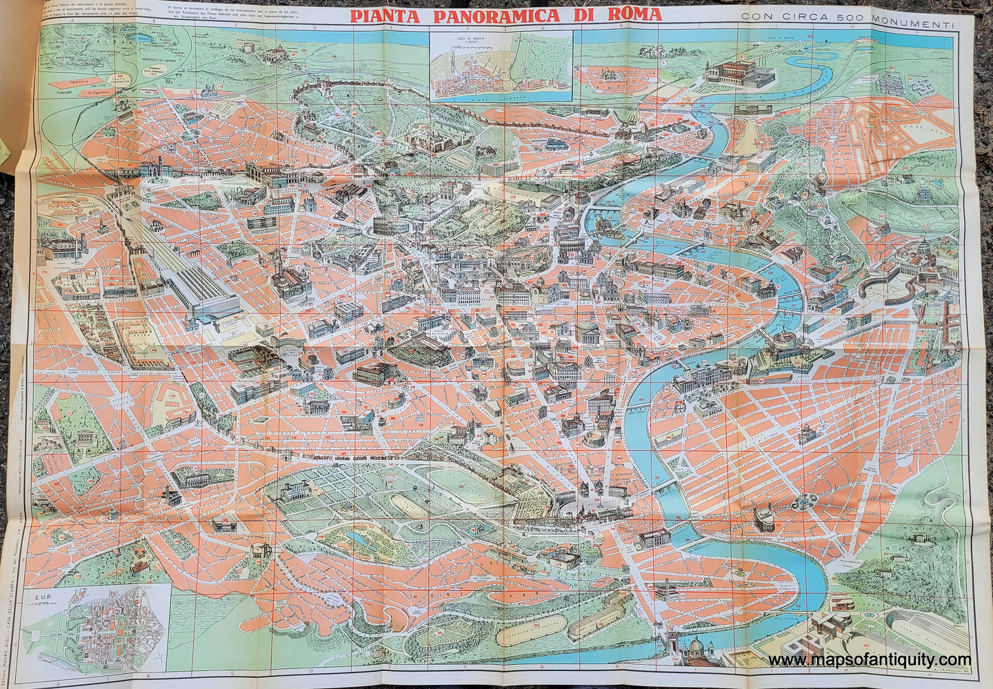 Vintage-Map-Rome-Italy---Pianta-Panoramica-di-Roma-con-circa-500-Monumenti-1960-Augusto-Trabacchi-Maps-Of-Antiquity