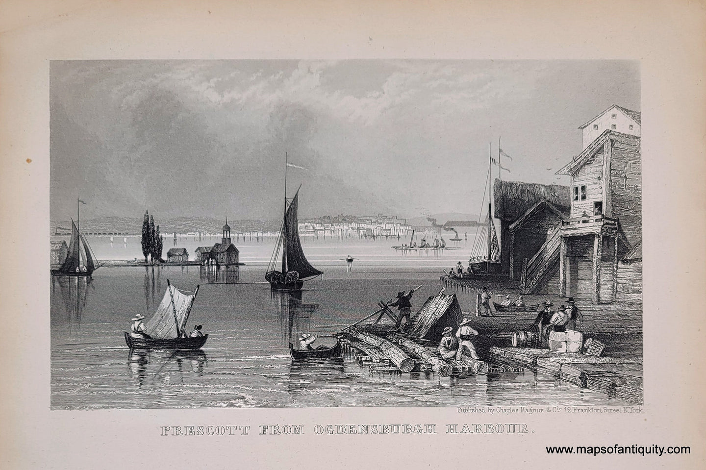 Genuine-Antique-Print-Prescott-from-Ogdensburgh-Harbour--1857-Magnus-Maps-Of-Antiquity