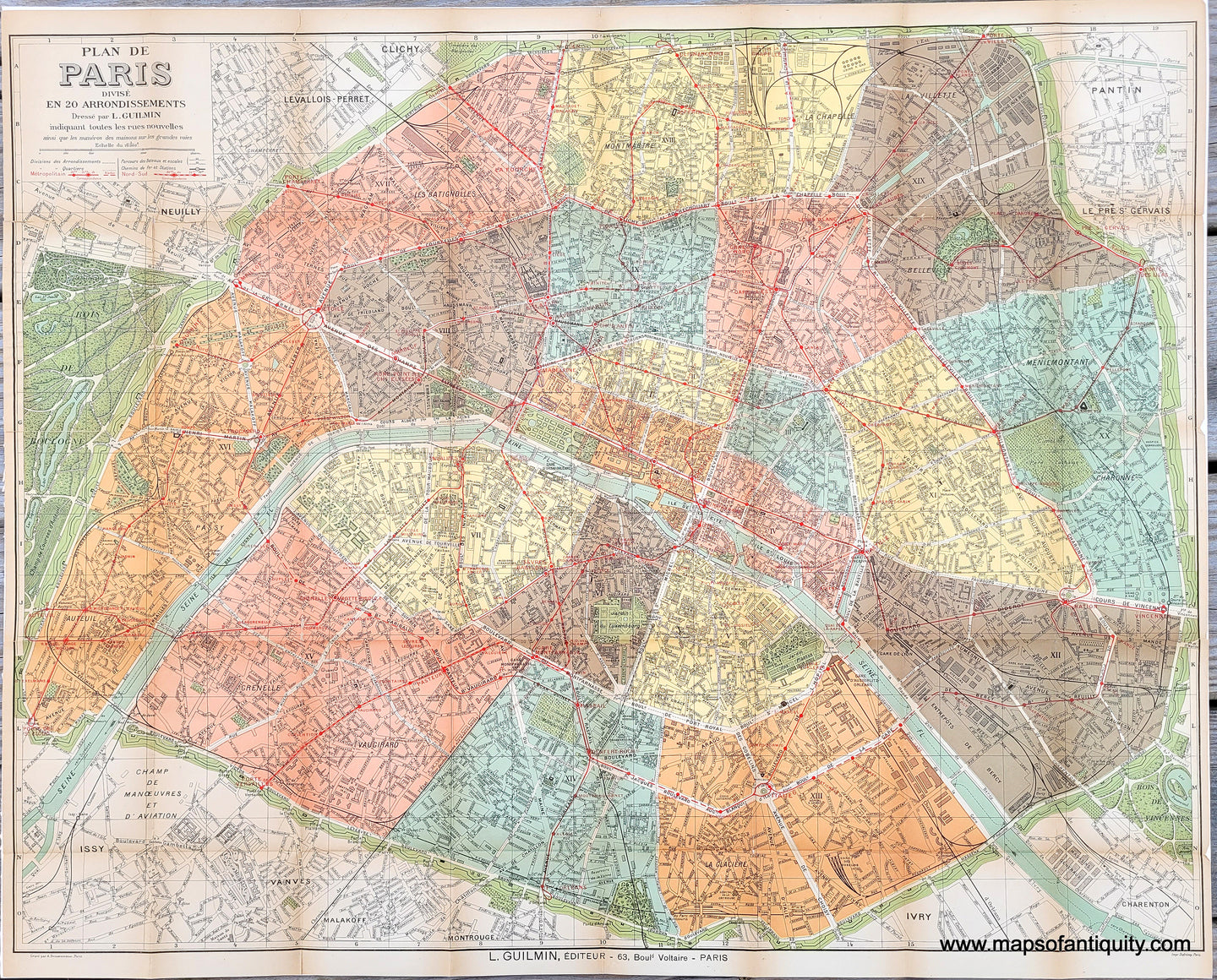 Antique-Folding-Map-Nouveau-Plan-de-Paris-divise-en-20-Arrondissements-printed color-France-Cities-Europe-1920-Guilmin-Maps-Of-Antiquity