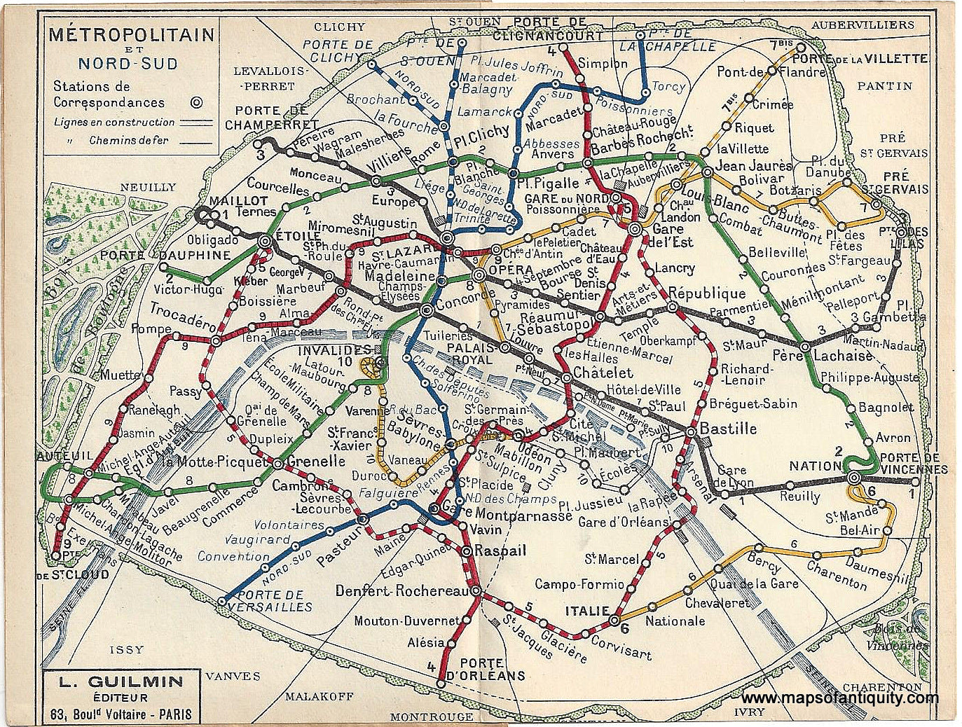 1920s - Paris - Metropolitain et Nord-Sud - Antique Map – Maps of Antiquity