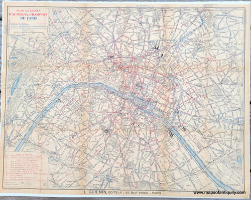 Genuine-Antique-Map-Plan-des-Lignes-d-Autobus-et-Tramways-de-Paris-France-City-1920s-Guilmin-Maps-Of-Antiquity
