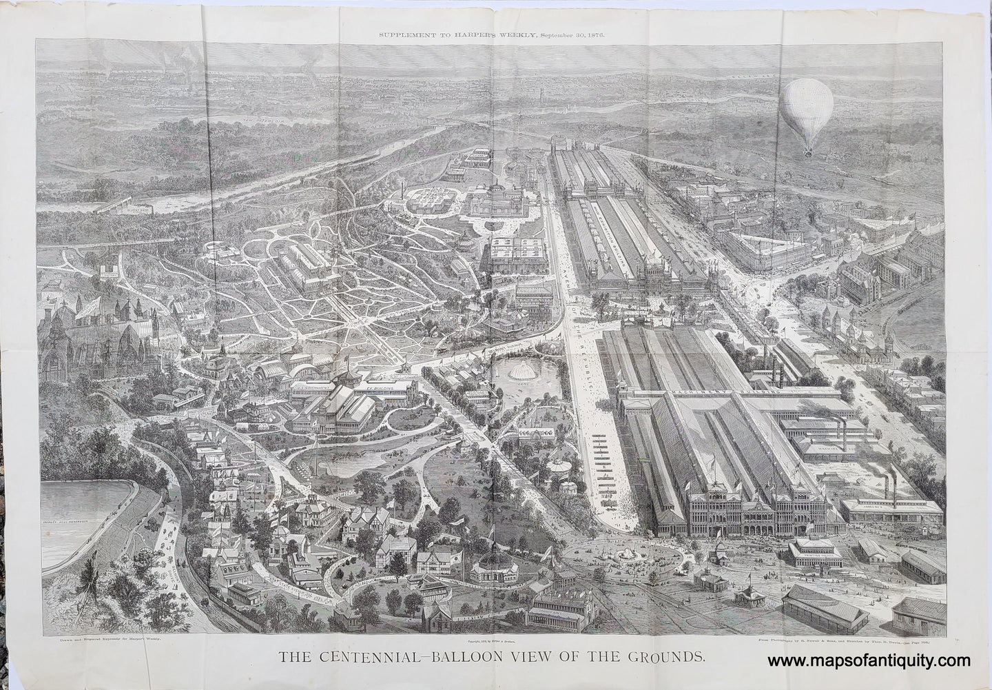 Genuine-Antique-Map-The-Centennial---Balloon-View-of-the-Grounds-Philadelphia--1876-Harpers-Weekly-Maps-Of-Antiquity