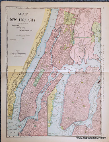 Genuine-Antique-Map-Double-sided-map-Map-of-New-York-City-showing-portions-of-Brooklyn-Jersey-City-and-Westchester-County-NY-verso-Buffalo-New-York-City-&-Brooklyn--1898-Rand-McNally-Maps-Of-Antiquity-1800s-19th-century