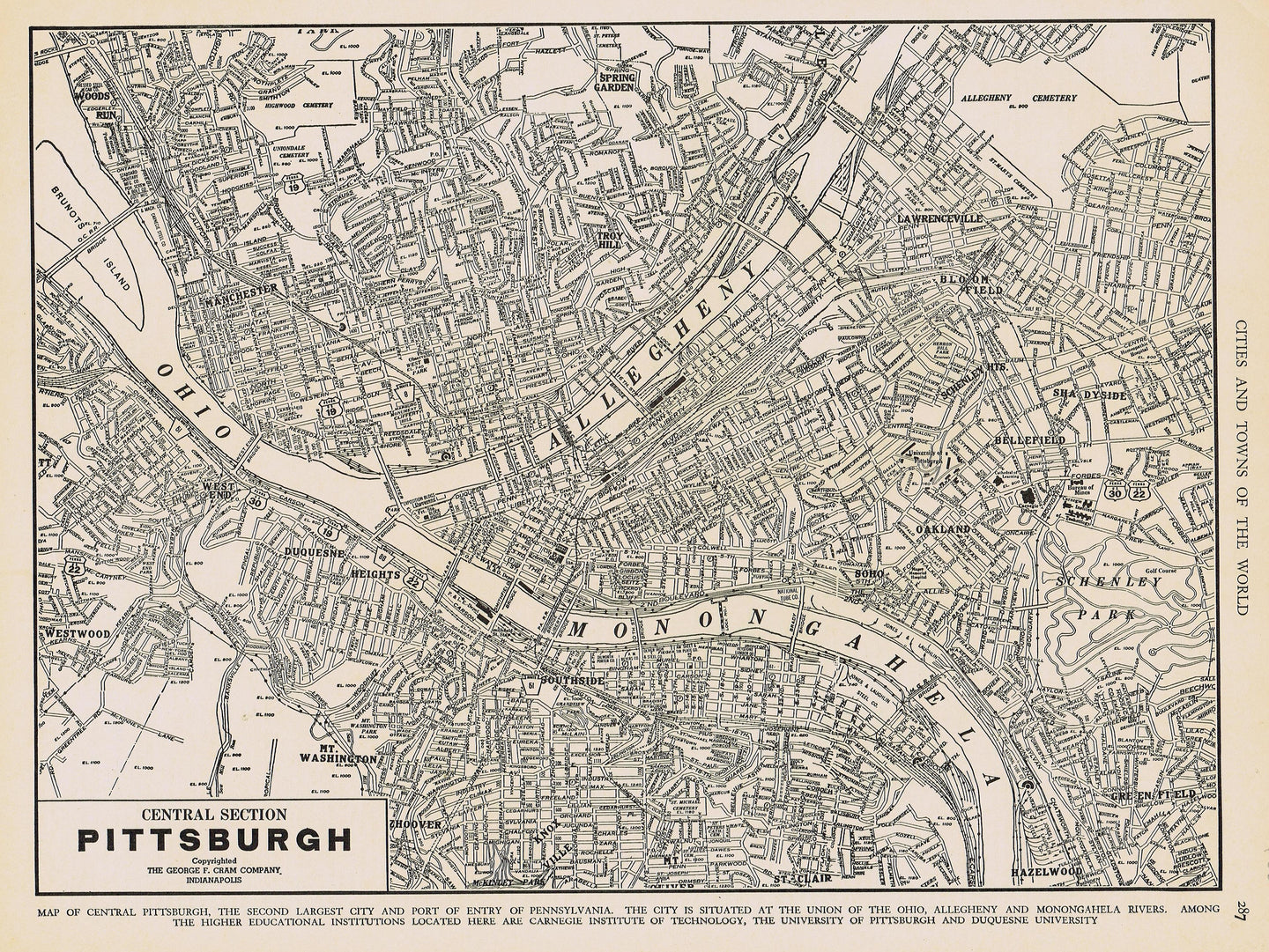 Genuine-Antique-Map-Central-Section-Pittsburgh-Pennsylvania--1940-Rand-McNally-Maps-Of-Antiquity